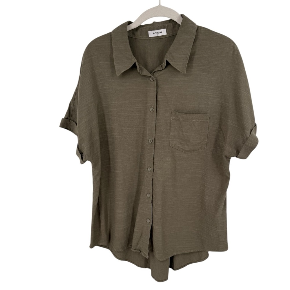 APRAW Button-up Shirt Mens Short Sleeve Cotton Lightweight Size Medium Green